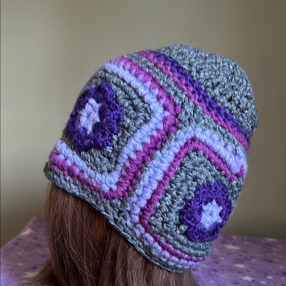 Elegant large denim gray and Purple Crochet Hat acrylic soft yarn
